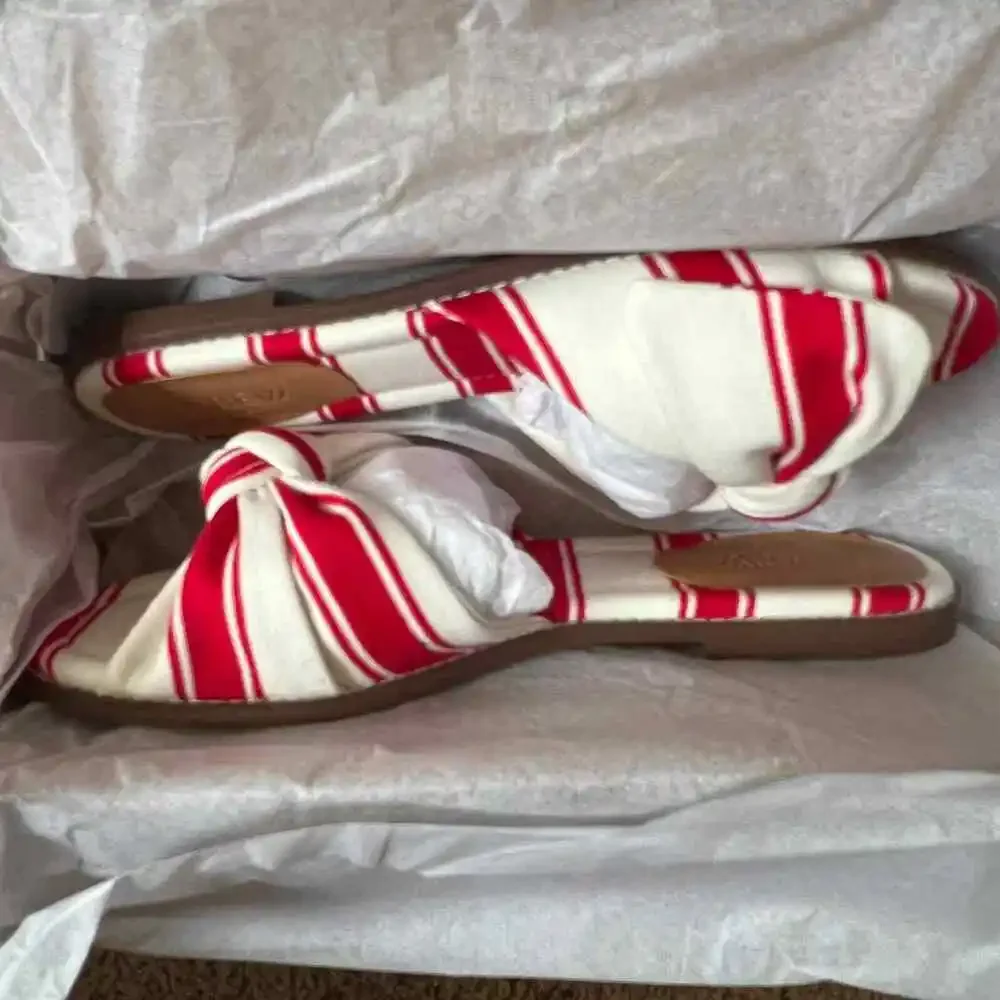 J.Crew Red/Ivory Stripe Print Cotton Upper Knot Slide Sandals, US7.5